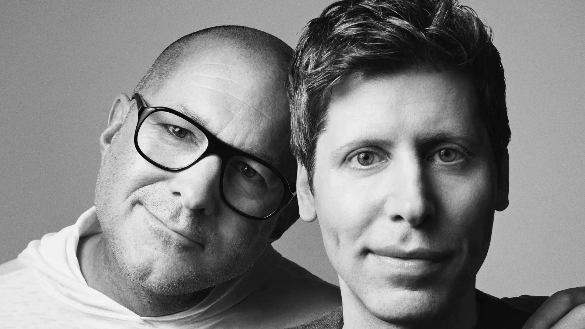 Jony Ive and Sam Altman photo in black and white